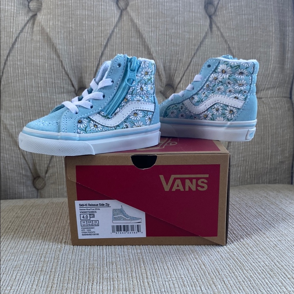 Vans Blue and White Artistic High-Top Sneakers